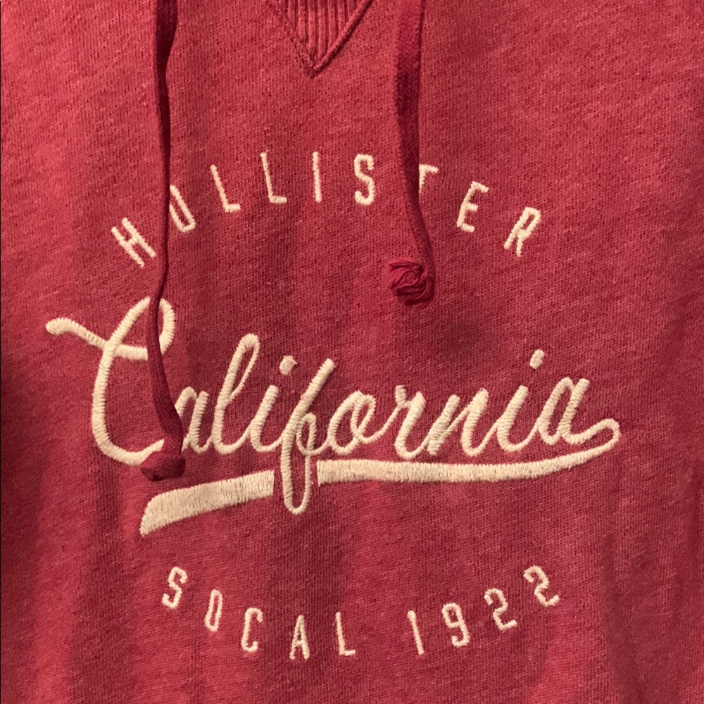 Hollister Red Hoodie Sweater with White Stripes and Embroidered Front Design - Picture 2 of 5
